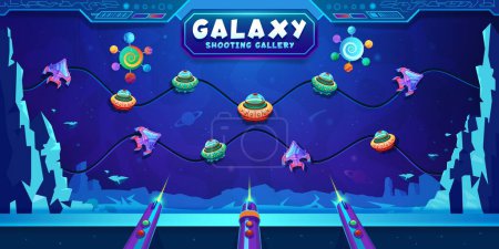 Illustration for Galaxy ufo and starships hunting, carnival shoot game, shooting range. Vector funfair amusement entertainment with futuristic twist, aim at targets set in space, test your accuracy and win prizes - Royalty Free Image