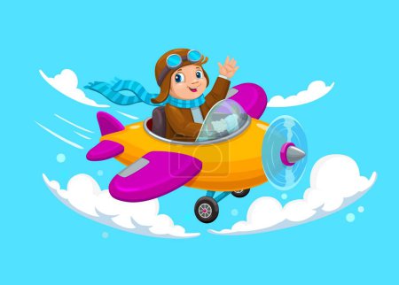 Illustration for Cartoon kid flying on plane at cloudy sky. Child pilot on airplane. Vector smiling aviator engage on aircraft travel. Adventurous boy soaring through the cloudscape, filled with excitement and wonder - Royalty Free Image