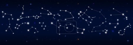 Téléchargez les illustrations : Frontière de constellation d'étoiles et carte du ciel nocturne pour l'astronomie ou l'astrologie, arrière-plan étoilé vecteur. constellation d'étoiles signes du zodiaque dans la galaxie spatiale pour l'horoscope astrologique, ésotérique et planétaire - en licence libre de droit