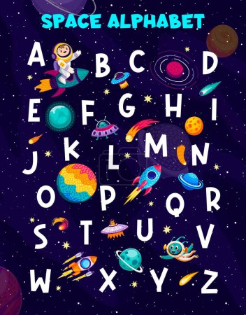 Illustration for Cartoon space alphabet letters or english ABC for kids education, vector background. Kindergarten or school alphabet learning letters with kid spaceman astronaut, alien UFO and planets in sky - Royalty Free Image