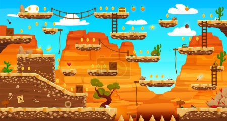 Arcade game level map with wild west western platforms, canyons, rocks and mountains. Cartoon vector 2d parallax background, nature location with desert, cacti, trees and bridges with hanging ropes