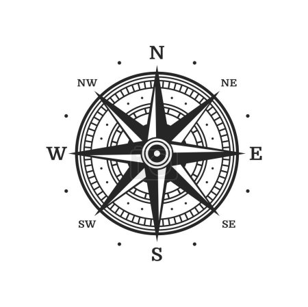 Illustration for Compass, wind rose sailing symbol. Nautical cartography direction, ocean expedition latitude or marine navigation compass vector emblem. Sea sailing wind rose retro symbol or medieval sign - Royalty Free Image