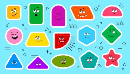 Illustration for Math figure shape stickers, cute geometric characters with cartoon faces, vector icons. Funny square, circle and star or rhombus and triangle geometric math shapes for school or kindergarten education - Royalty Free Image
