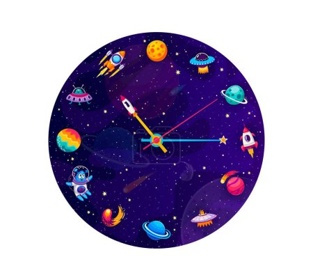 Ilustración de Galaxy reloj espacial con planetas, estrellas y naves espaciales en el dial de la esfera del reloj, vector de dibujos animados. Reloj despertador o esfera de reloj con flecha cohete de mano, astronauta, ovni alienígena y asteroides en el fondo del cielo estrellado - Imagen libre de derechos
