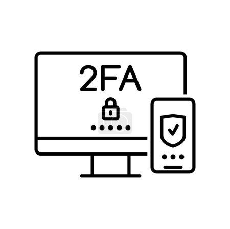 Illustration for 2FA. Two factor verification icon of vector thin line computer and mobile phone screens with secure password or login, shield and lock. Multi factor authentication sign, internet security technology - Royalty Free Image