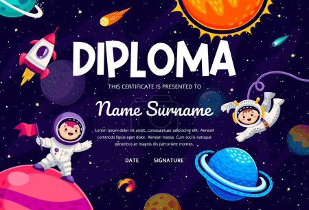 Illustration for Kids diploma or certificate with cartoon kid astronauts in outer space, vector template background. Kid spaceman in galaxy with rocket spaceship and planets for kindergarten education diploma frame - Royalty Free Image