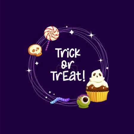 Illustration for Halloween frame with holiday sweets. Isolated vector round border for trick or treat party, adorned with cartoon , jelly worm, striped lollipop, skull cookie and cupcake with spooky ghost and eyeball - Royalty Free Image