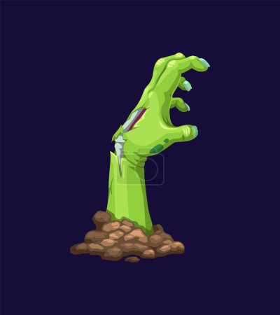 Illustration for Zombie hand from grave or dead corpse arm for Halloween horror holiday, vector cartoon monster. Zombie crooked hand reaching out of grave with green rotten bones and nails on cemetery - Royalty Free Image