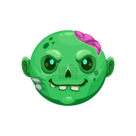Illustration for Cartoon Halloween zombie emoji depicts vector greenish, decaying face with vacant glowing eyes, pink brain in cracked head, and rotting flesh, symbolizing the undead, horror, and Hallowmas vibes - Royalty Free Image