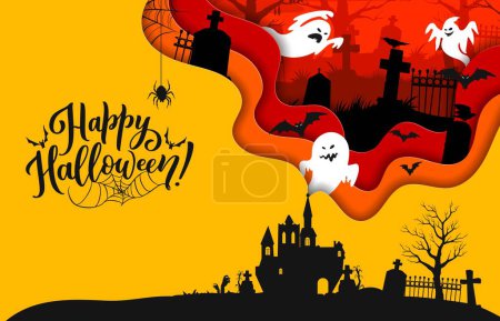 Illustration for Halloween paper cut banner with castle, ghosts and cemetery tombstones. Vector greeting card with black silhouette of haunted house, graveyard and 3d wavy frame with funny spooks, bats and spiders - Royalty Free Image