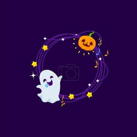 Illustration for Halloween holiday frame with kawaii ghost, jack lantern pumpkin face, musical notes, stars and confetti. Isolated round border with funny playful spook, for capturing the spirit of the season - Royalty Free Image