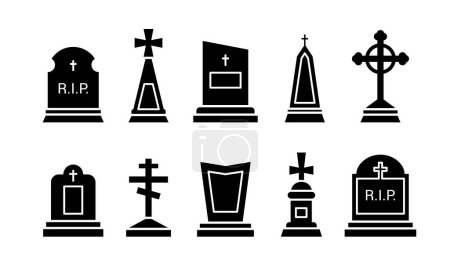 Illustration for Gravestone and tombstone icons, tomb stone and headstone vector silhouettes. Cemetery or graveyard tomb with RIP and gothic cross, funeral memorials and Christian grave burial monument symbols - Royalty Free Image