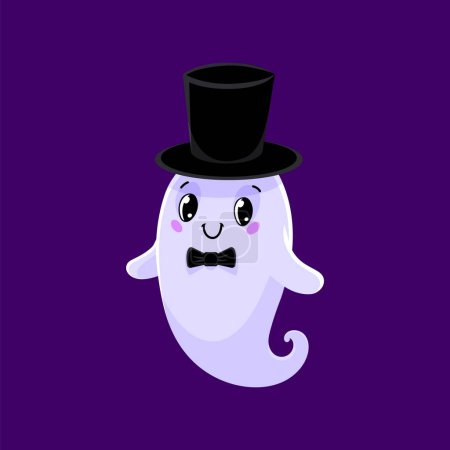 Ilustración de Dibujos animados lindo personaje fantasma kawaii Halloween viste elegante caballero. Espectro vectorial adorable aislado en sombrero de copa y corbata de lazo, listo para perseguir la fiesta con elegancia y encanto de moda - Imagen libre de derechos