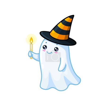 Illustration for Halloween kawaii ghost character dons striped witch hat, clutching a lit candle, wandering at night. Isolated cartoon vector adorable charming baby spook personage, a blend of innocence and spookiness - Royalty Free Image