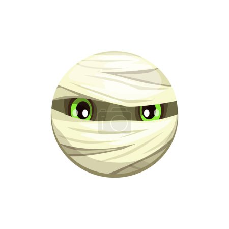 Ilustración de Personaje emoji momia de Halloween de dibujos animados envuelto en vendajes destrozados con traviesos ojos verdes anchos asomándose, evocando vibraciones espeluznantes pero juguetonas. Vector aislado lindo emoticono cara redonda para la aplicación - Imagen libre de derechos