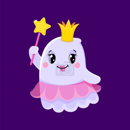 Illustration for Cartoon cute Halloween kawaii ghost character dons a delightful fairy costume, complete with a sparkling wand, golden crown and pink dress, creating an endearing blend of spooky and enchanting - Royalty Free Image