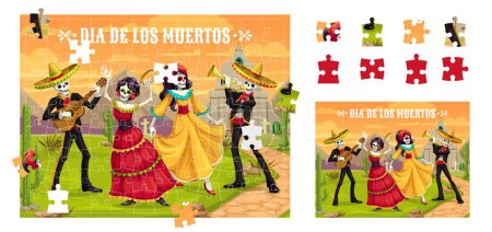 Illustration for Jigsaw puzzle game pieces, Dia De Los Muertos or Day of Dead Mexican holiday vector characters. Mariachi musician skeletons in sombrero with Catrina calavera for jigsaw puzzle game to collect picture - Royalty Free Image
