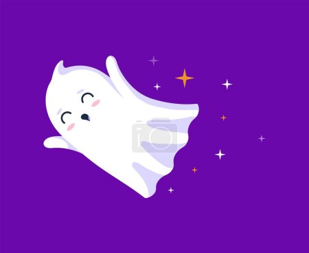 Illustration for Halloween kawaii ghost gracefully soars through the night sky, leaving a trail of shimmering stardust in its wake, casting a magical and endearing spell. Isolated vector charming, ethereal spook - Royalty Free Image