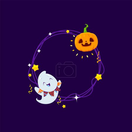 Illustration for Halloween holiday frame with kawaii ghost, jack lantern pumpkin face, flag garland, stars and confetti. Isolated empty round border with funny playful spook, for capturing the spirit of the season - Royalty Free Image