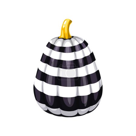 Illustration for Halloween painted pumpkin with holiday ornament. Isolated vector gourd creatively adorned with black and white horizontal stripes, festive decor with seasonal motifs, that captures spirit of season - Royalty Free Image