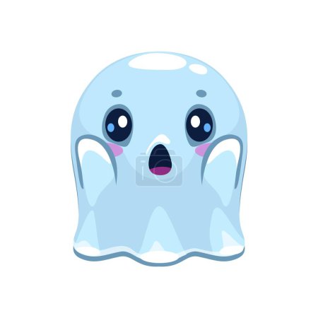 Illustration for Cartoon Halloween emoji, surprised ghost character with wide, surprised eyes and open-mouthed expression, evoking charming mix of spookiness and innocence. Isolated vector kawaii spook radiate wonder - Royalty Free Image