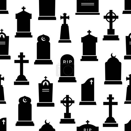 Illustration for Gravestone and tombstone silhouettes seamless pattern of cemetery headstone or tomb stone, vector background. Cemetery or graveyard tombstones with RIP memorial and gothic cross for cemetery pattern - Royalty Free Image