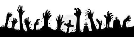 Illustration for Halloween banner with zombie hands silhouettes and tombstones on cemetery, vector background. Halloween holiday horror night banner with dead and undead zombie hands reaching out from graves - Royalty Free Image