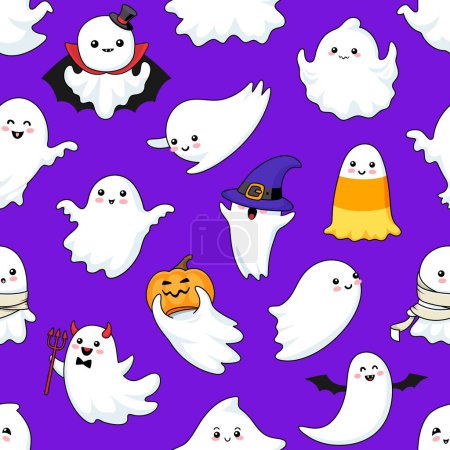 Illustration for Cartoon funny kawaii Halloween ghost characters seamless pattern, vector background for holiday. Cute cheerful ghosts and happy smiling boo ghouls with pumpkin in witch hat, vampire and devil - Royalty Free Image