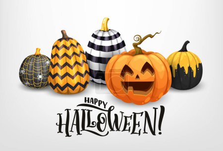 Illustration for Cartoon Halloween pumpkins with holiday ornament. Festive congratulation banner, featuring spooky jack lantern face and painted gourds, create a delightful and eerie ambiance for the spooky season - Royalty Free Image