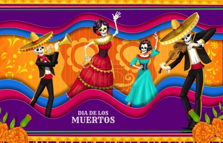 Cartoon dia de los muertos day of the dead mexican holiday paper cut banner with Catrin and mariachi skeletons wear traditional costumes dancing and playing violin or trumpet inside of 3d vector frame