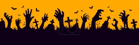 Téléchargez les illustrations : Cimetière d'Halloween avec des mains de zombie et des silhouettes de pierres tombales bannière vectorielle de vacances d'horreur tour ou traiter la nuit. Cimetière effrayant avec main zombie atteignant le ciel de minuit, croix et chauves-souris - en licence libre de droit