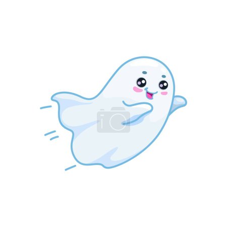 Illustration for Halloween kawaii ghost character swiftly flying with playful grin. Isolated cartoon vector cute and adorable baby spook personage adds a charming and whimsical touch to the spooky holiday celebration - Royalty Free Image