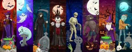 Illustration for Cartoon Halloween characters collage with spooky monsters of horror night holiday. Vector vertical cards with scary zombie and mummy, grim reaper, witch or vampire, werewolf, wiz, ghosts at cemetery - Royalty Free Image