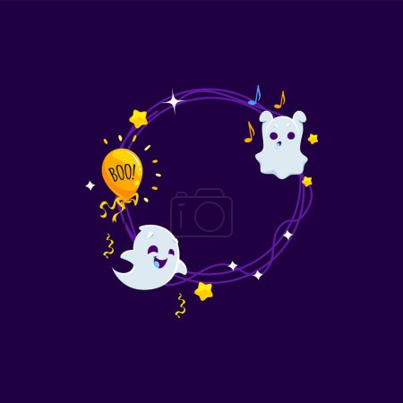 Illustration for Halloween holiday frame with kawaii ghosts. Empty vector round border adorned with adorable cartoon spooks saying boo, stars, balloon, confetti and musical notes, perfect for capturing spooky memories - Royalty Free Image