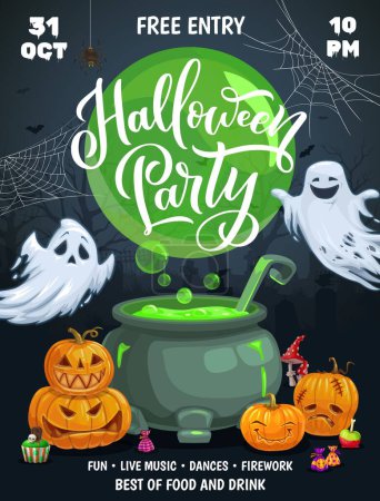 Illustration for Halloween holiday party, cartoon ghosts and pumpkins near potion pot. Trick or treat night party vector poster of spooky ghosts characters, witch cauldron on cemetery with lanterns, candies, spider - Royalty Free Image