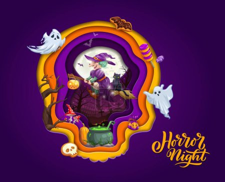 Illustration for Halloween paper cut skull shape with cartoon witch, ghosts and holiday candies, vector background. Happy Halloween greeting card with paper cut witch flying on broom with black cat, skull and cauldron - Royalty Free Image