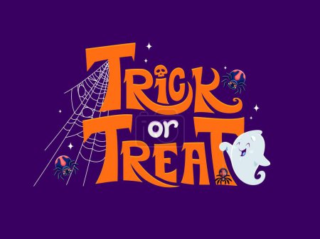 Illustration for Halloween holiday banner, quote Trick or Treat with cartoon kawaii ghost, spiders and cobweb, vector background. Halloween horror night party spooky skeleton skull with happy ghost and spiderweb - Royalty Free Image
