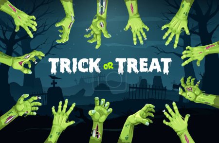 Illustration for Halloween zombie hands banner for holiday horror night and trick or treat party, vector background. Spooky undead or dead zombie green hands reaching out from grave on cemetery with tombstones - Royalty Free Image