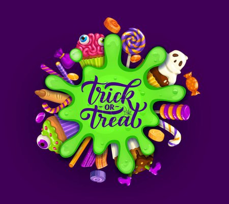 Illustration for Halloween sweets with green slime blob vector trick or treat party sweet food. Cartoon pumpkin cakes, corn candies, chocolate cupcakes, toffee eyeball and caramel lollipops, witch finger cookie, jelly - Royalty Free Image