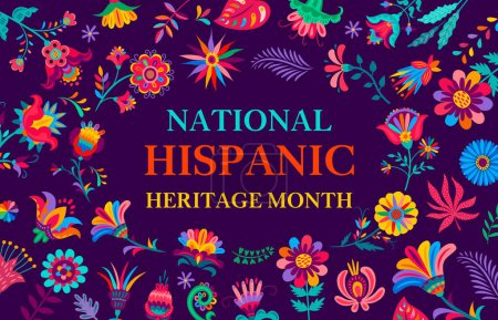 Illustration for National hispanic heritage month banner with tropical flowers pattern frame borders. Vector folk arts festival of hispanic american community with bright color flowers and leaves of huichol ornament - Royalty Free Image