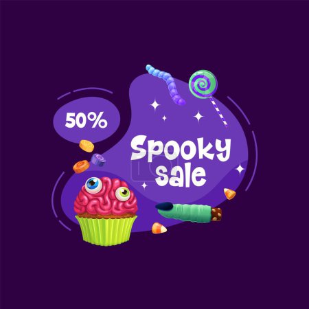 Illustration for Halloween spooky sale banner with holiday sweets and desserts on amoeba blob. Isolated vector festive badge or tag for seasonal discount event with funny witch finger, cupcake with eyeballs, loppipop - Royalty Free Image