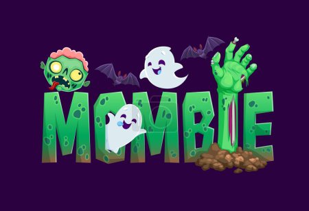 Illustration for Halloween mombie banner with zombie hand, kawaii ghosts and bats, vector spooky holiday. Trick or treat night party monsters cartoon characters, mom zombie emojies and spooky letters font - Royalty Free Image