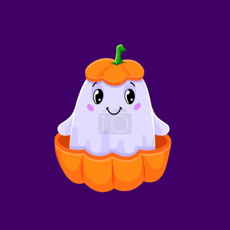 Illustration for Cartoon cute Halloween kawaii ghost character peeks out from the ripe pumpkin. Isolated vector lovely spook prepare surprise. Baby phantom sitting in gourd radiating adorable charm and spooky fun - Royalty Free Image