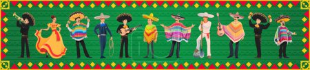 Téléchargez les illustrations : Personnages mexicains, musiciens de mariachis, cow-boy charro, danseuse et jimador, bannière vectorielle de dessin animé. Fêtes mexicaines en sombrero et poncho latins traditionnels avec guitares et maracas - en licence libre de droit
