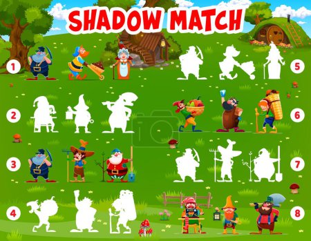 Illustration for Shadow match game with cartoon fairytale funny gnomes at village. Kids vector puzzle worksheet with funny dwarf, sprite, elf and hobbit, leprechaun, pixie, fairy, brownie and puck personages on field - Royalty Free Image