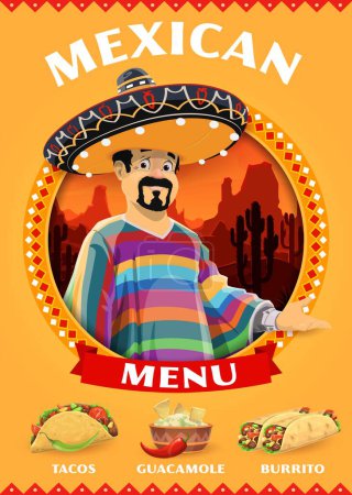 Illustration for Mexican character with national cuisine food menu for burrito, tacos and guacamole, vector poster. Mexican cuisine restaurant and fast food snacks menu background with man in sombrero and poncho - Royalty Free Image