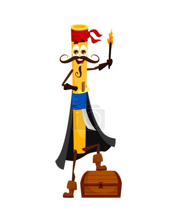 Illustration for Cartoon italian pasta pirate or corsair character with treasure chest. Funny vector personage of traditional Italy food, cute bucatini pirate sailor emoji standing with torch, wooden chest and sword - Royalty Free Image