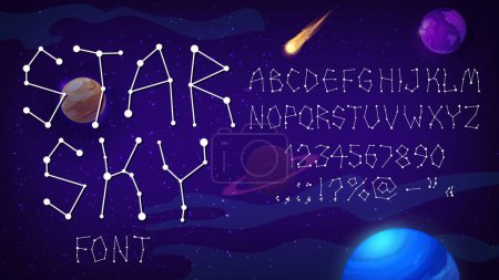 Illustration for Universe type, star space font. Starry typeface, galaxy english alphabet, vector typography. Star constellation abc letters and numbers font set on dark space sky background with planets, asteroids - Royalty Free Image