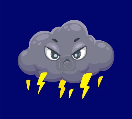Illustration for Cartoon cute lightning cloud weather character. Isolated vector grey fluffy cloud with grumpy face and yellow thunderbolt flashes going from the bottom. Overcast personage with gruff face expression - Royalty Free Image