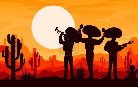 Illustration for Mexican mariachi musician and cowboy silhouettes on sunset at desert in Mexico, vector background. Mexican music band men in sombreros with guitar, maracas and trumpet on evening sunset stage scene - Royalty Free Image
